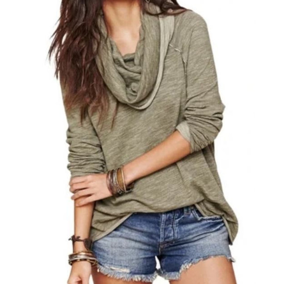 Free People FP BEACH Cocoon Oversize One Body Small Pullover Top Cowl Neck Green - Picture 1 of 8